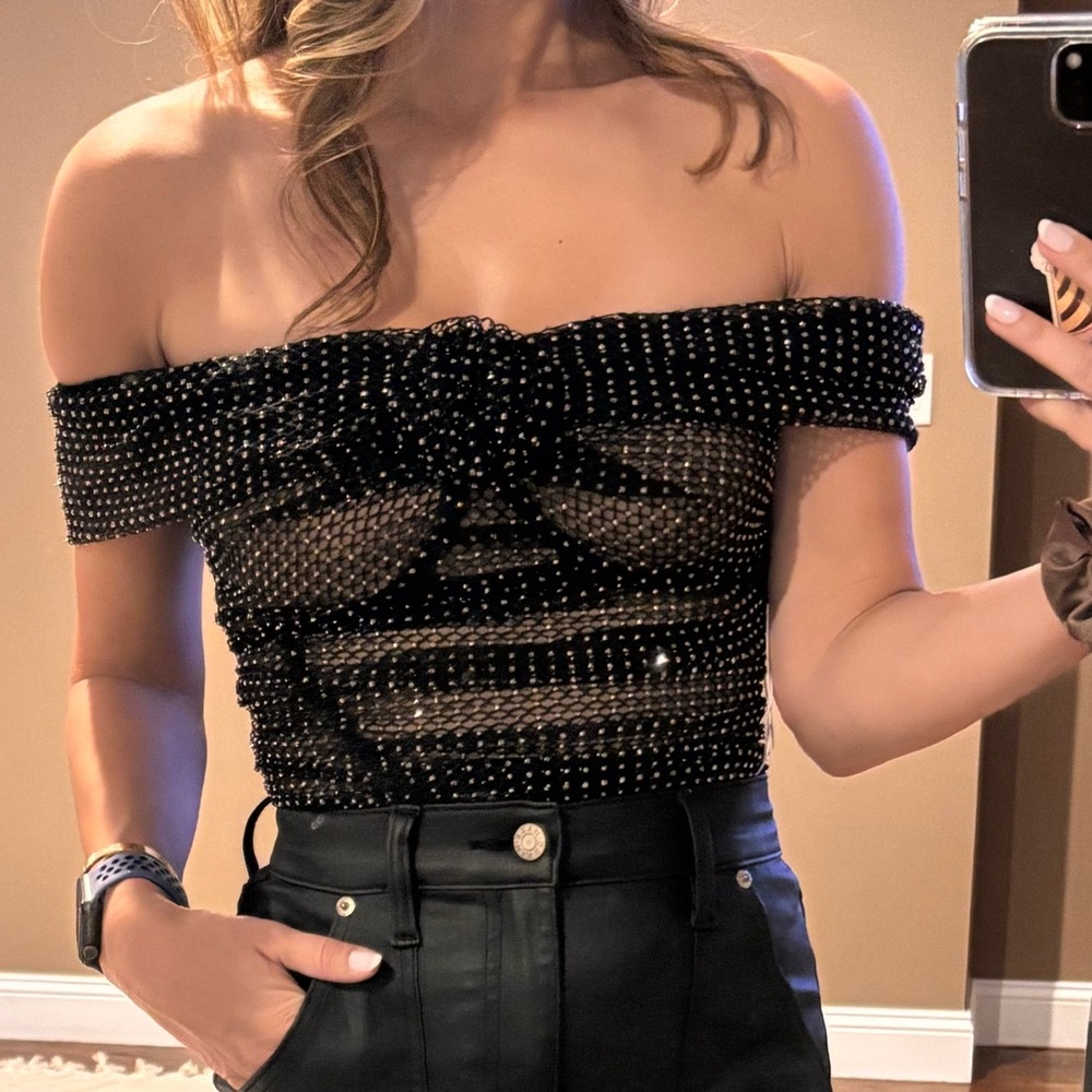 Self Portrait Black Off-Shoulder Rhinestone Fishnet Top US 2